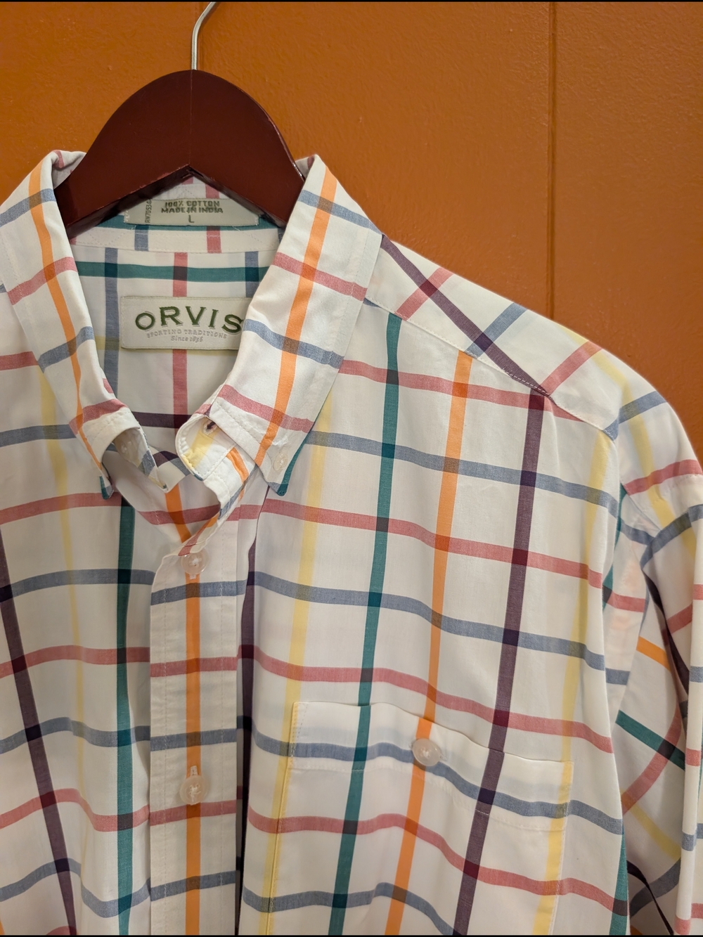 Orvis Men's Large Plaid Button Down Shirt 100% Cotton Multicolor Long Sleeve